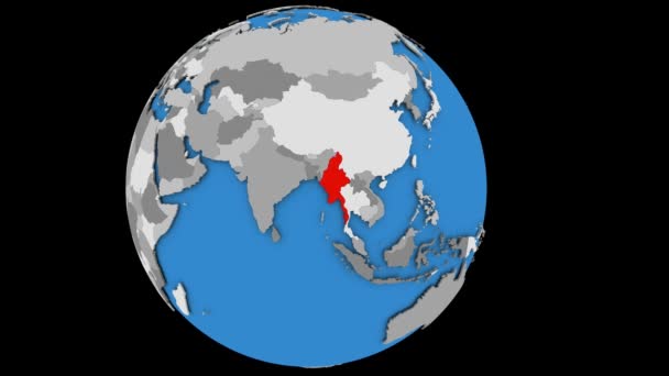 Zoomare sul Myanmar sul globo politico — Video Stock