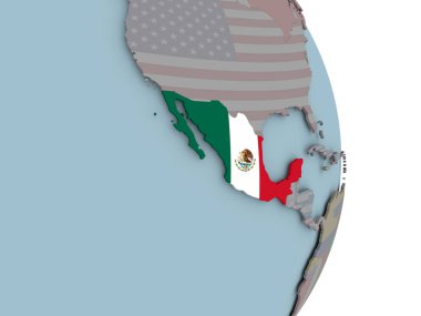 Meksika ile siyasi dünya üzerinde katıştırılmış ulusal bayrak. 3D çizim.