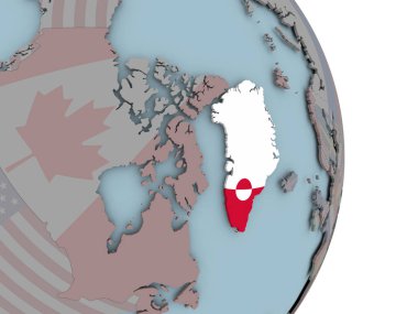 Grönland siyasi dünya üzerinde katıştırılmış ulusal bayrak ile. 3D çizim.