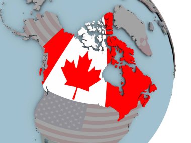 Siyasi dünya üzerinde katıştırılmış ulusal bayrak ile Kanada. 3D çizim.