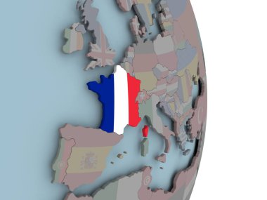 Fransa ile siyasi dünya üzerinde katıştırılmış ulusal bayrak. 3D çizim.