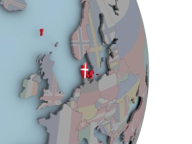 Danimarka siyasi dünya üzerinde katıştırılmış ulusal bayrak ile. 3D çizim.