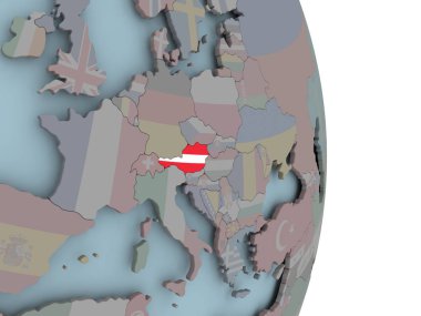 Avusturya ile siyasi dünya üzerinde katıştırılmış ulusal bayrak. 3D çizim.