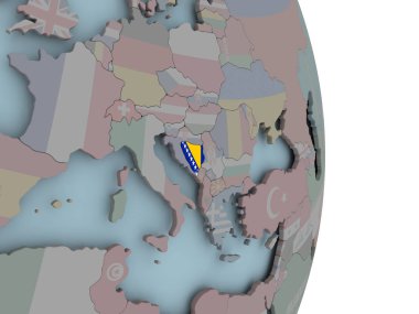 Bosna siyasi dünya üzerinde katıştırılmış ulusal bayrak ile. 3D çizim.