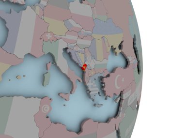 Karadağ siyasi dünya üzerinde katıştırılmış ulusal bayrak ile. 3D çizim.