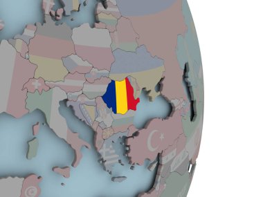 Romanya ile siyasi dünya üzerinde katıştırılmış ulusal bayrak. 3D çizim.