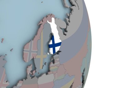 Finlandiya ile siyasi dünya üzerinde katıştırılmış ulusal bayrak. 3D çizim.