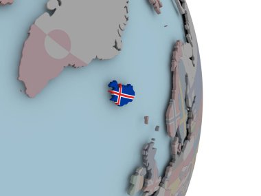 İzlanda siyasi dünya üzerinde katıştırılmış ulusal bayrak ile. 3D çizim.