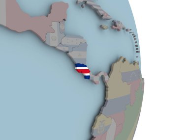 Kosta Rika ile siyasi dünya üzerinde katıştırılmış ulusal bayrak. 3D çizim.