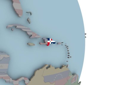 Dominik Cumhuriyeti siyasi dünya üzerinde katıştırılmış ulusal bayrak ile. 3D çizim.