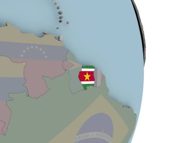 Surinam siyasi dünya üzerinde katıştırılmış ulusal bayrak ile. 3D çizim.