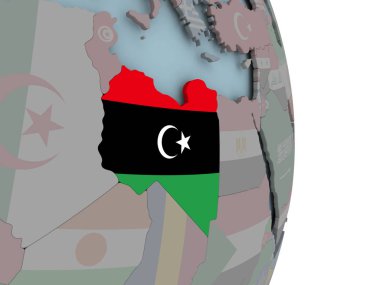 Libya siyasi dünya üzerinde katıştırılmış ulusal bayrak ile. 3D çizim.