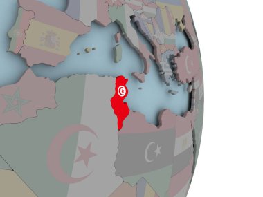 Tunus siyasi dünya üzerinde katıştırılmış ulusal bayrak ile. 3D çizim.