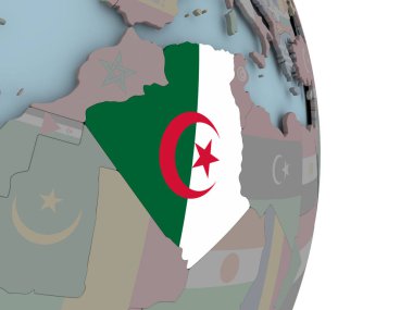 Cezayir ile siyasi dünya üzerinde katıştırılmış ulusal bayrak. 3D çizim.
