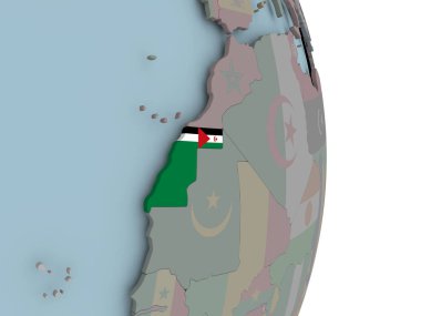 Batı Sahra siyasi dünya üzerinde katıştırılmış ulusal bayrak ile. 3D çizim.