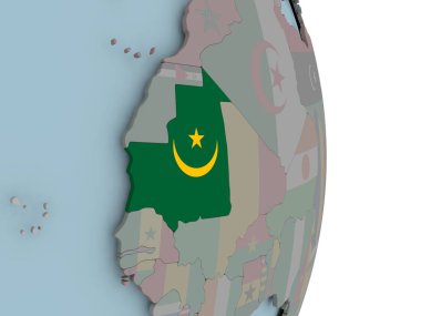 Moritanya siyasi dünya üzerinde katıştırılmış ulusal bayrak ile. 3D çizim.