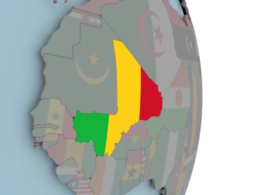 Mali siyasi dünya üzerinde katıştırılmış ulusal bayrak ile. 3D çizim.