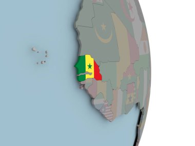 Senegal ile siyasi dünya üzerinde katıştırılmış ulusal bayrak. 3D çizim.