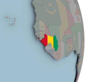 Gine siyasi dünya üzerinde katıştırılmış ulusal bayrak ile. 3D çizim.