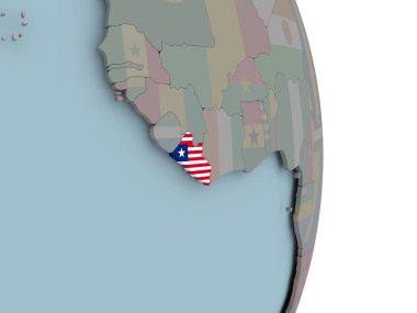 Liberya siyasi dünya üzerinde katıştırılmış ulusal bayrak ile. 3D çizim.