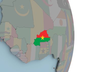 Burkina Faso ile siyasi dünya üzerinde katıştırılmış ulusal bayrak. 3D çizim.