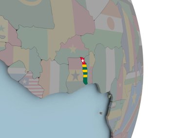 Togo siyasi dünya üzerinde katıştırılmış ulusal bayrak ile. 3D çizim.