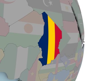 Chad ile siyasi dünya üzerinde katıştırılmış ulusal bayrak. 3D çizim.