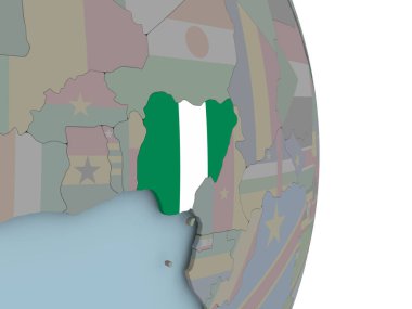 Nijerya siyasi dünya üzerinde katıştırılmış ulusal bayrak ile. 3D çizim.