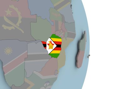 Zimbabve siyasi dünya üzerinde katıştırılmış ulusal bayrak ile. 3D çizim.