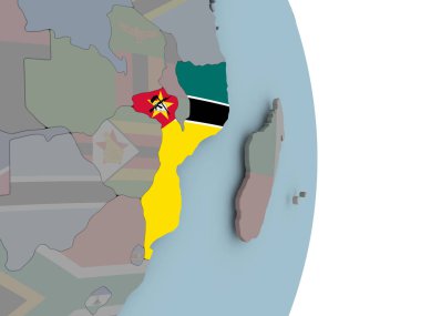 Mozambik siyasi dünya üzerinde katıştırılmış ulusal bayrak ile. 3D çizim.