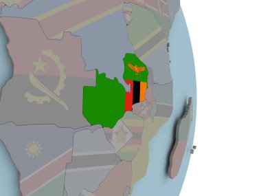 Siyasi dünya üzerinde katıştırılmış ulusal bayrak ile Zambiya. 3D çizim.
