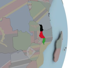 Malavi siyasi dünya üzerinde katıştırılmış ulusal bayrak ile. 3D çizim.