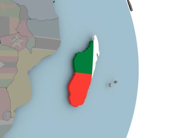 Madagaskar siyasi dünya üzerinde katıştırılmış ulusal bayrak ile. 3D çizim.