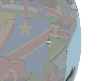 Siyasi dünya üzerinde katıştırılmış ulusal bayrak ile Ruanda. 3D çizim.