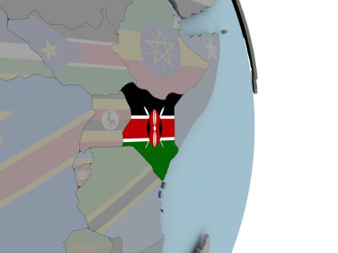 Kenya ile siyasi dünya üzerinde katıştırılmış ulusal bayrak. 3D çizim.