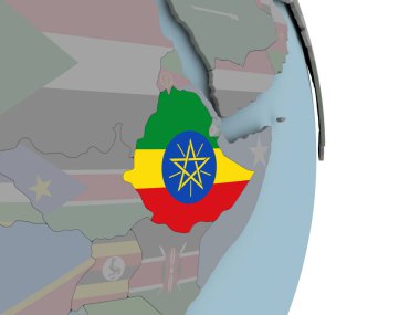 Etiyopya ile siyasi dünya üzerinde katıştırılmış ulusal bayrak. 3D çizim.