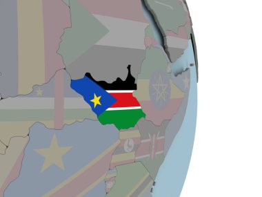 Güney Sudan siyasi dünya üzerinde katıştırılmış ulusal bayrak ile. 3D çizim.