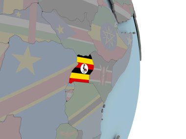 Uganda siyasi dünya üzerinde katıştırılmış ulusal bayrak ile. 3D çizim.