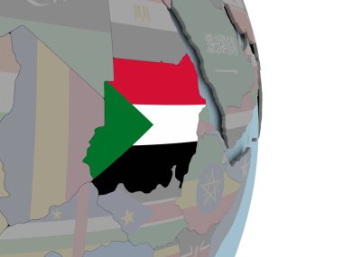 Sudan siyasi dünya üzerinde katıştırılmış ulusal bayrak ile. 3D çizim.