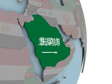 Suudi Arabistan ile siyasi dünya üzerinde katıştırılmış ulusal bayrak. 3D çizim.