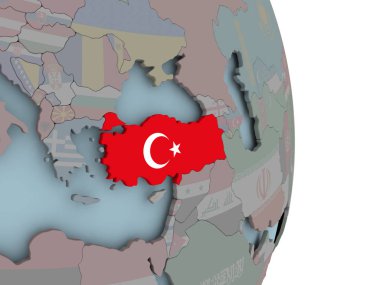 Türkiye siyasi dünya üzerinde katıştırılmış ulusal bayrak ile. 3D çizim.