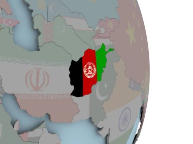 Afganistan ile siyasi dünya üzerinde katıştırılmış ulusal bayrak. 3D çizim.