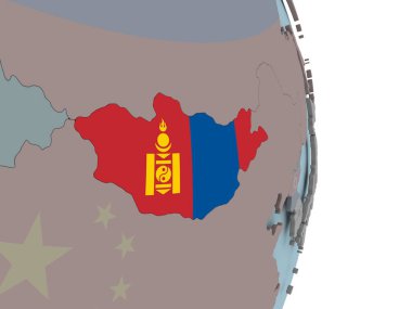 Moğolistan ile siyasi dünya üzerinde katıştırılmış ulusal bayrak. 3D çizim.