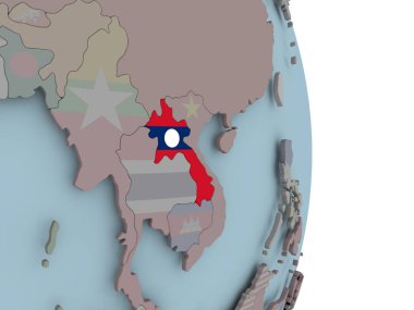 Laos siyasi dünya üzerinde katıştırılmış ulusal bayrak ile. 3D çizim.