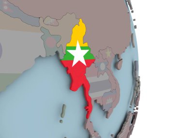 Myanmar siyasi dünya üzerinde katıştırılmış ulusal bayrak ile. 3D çizim.