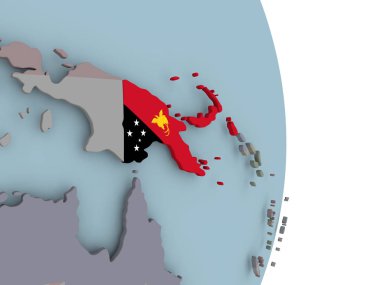 Papua Yeni Gine siyasi dünya üzerinde katıştırılmış ulusal bayrak ile. 3D çizim.