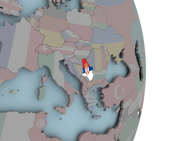 Serbia with embedded national flag on political globe. 3D illustration.