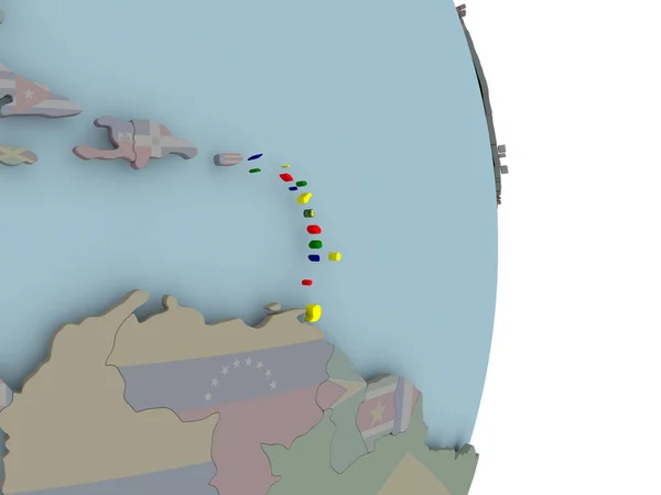 Caribbean with embedded national flag on political globe. 3D illustration.