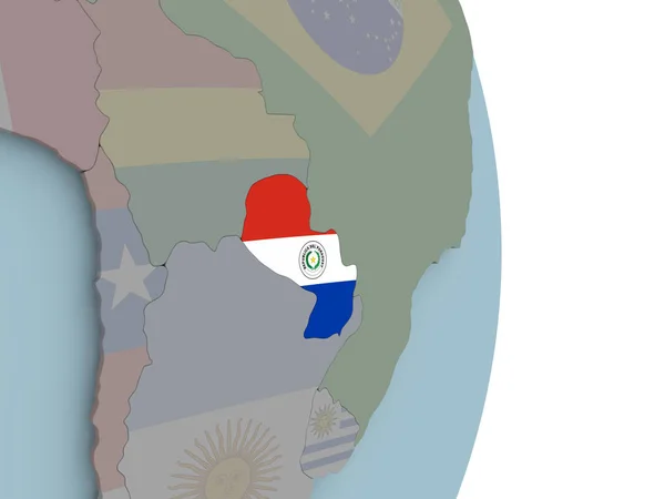 巴拉圭以嵌入的国旗在政治地球上 — 图库照片