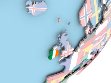 Katıştırılmış bayrak ile siyasi dünya üzerinde illüstrasyon İrlanda. 3D çizim.